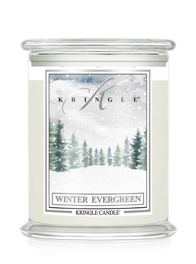 Kringle Candle with 'Winter Evergreen' label on a white background