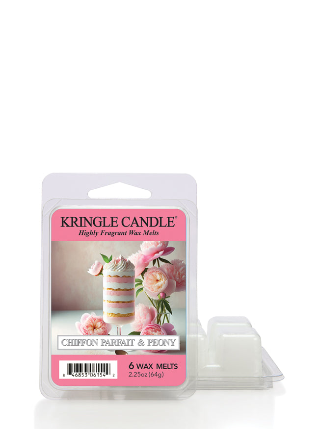 Pink packaging of Kringle Candle wax melts labeled "Chiffon Parfait & Peony" with an image of a cake and peonies.