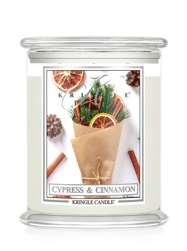 Kringle Candle with 'Cypress & Cinnamon' label on a white background