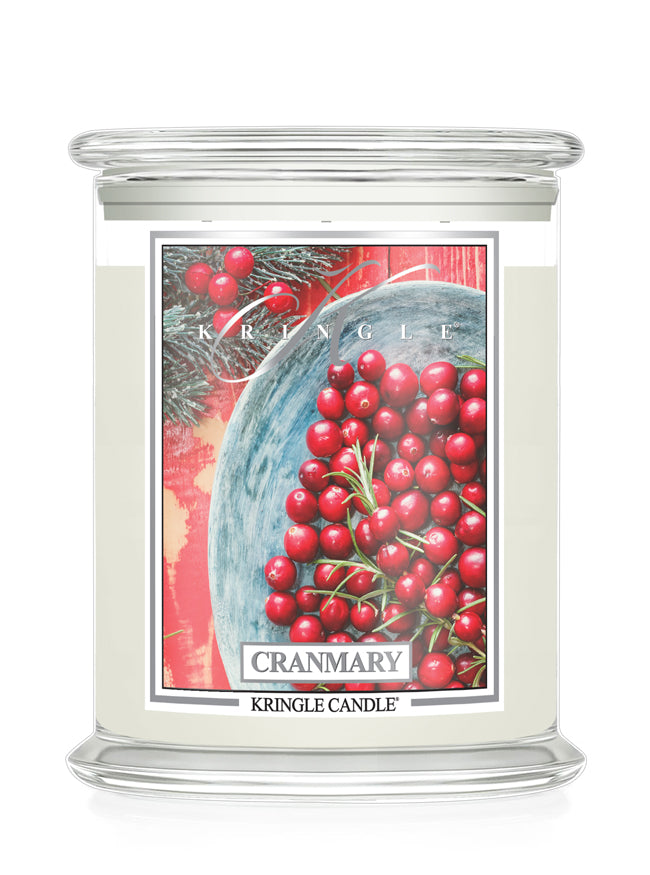Kringle Candle Cranmary scented candle with cranberry design on a white background